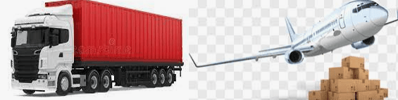 Image of a truck and airplane used for domestic freight transport of goods.