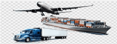 Image of a truck, airplane, and ship used for import/export of freight goods.